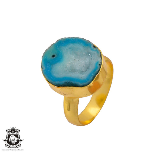 Size 7.5 - Size 9 Adjustable Ocean Agate Geode  24K Gold Plated Ring GPR271