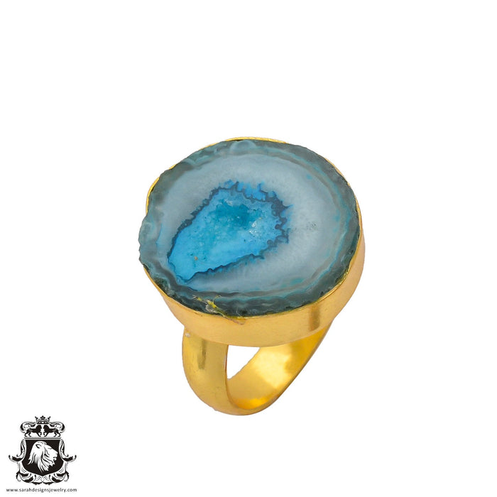 Size 7.5 - Size 9 Adjustable Ocean Agate Geode  24K Gold Plated Ring GPR272