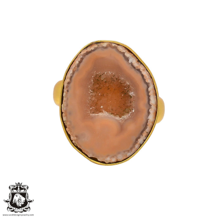 Size 8.5 - Size 10 Ring Rhodochrosite Stalactite Geode 24K Gold Plated Ring GPR273