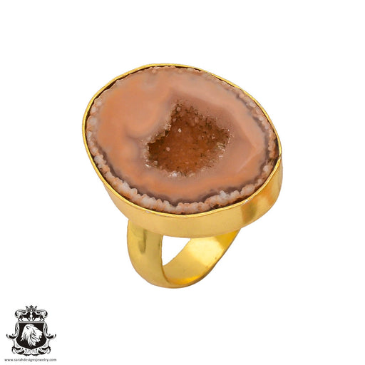 Size 8.5 - Size 10 Ring Rhodochrosite Stalactite Geode 24K Gold Plated Ring GPR273