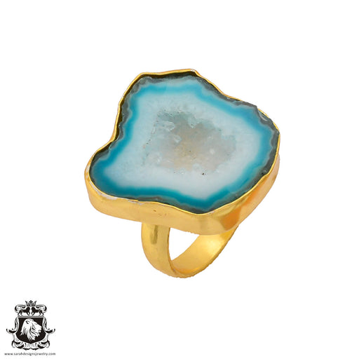 Size 8.5 - Size 10 Ring Ocean Agate Geode  24K Gold Plated Ring GPR274