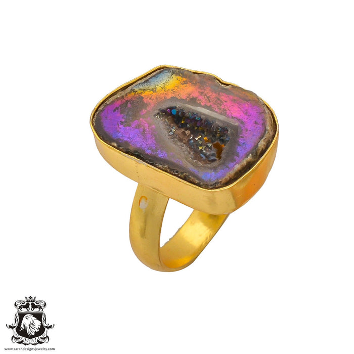 Size 10.5 - Size 12 Ring Titanium Geode 24K Gold Plated Ring GPR277