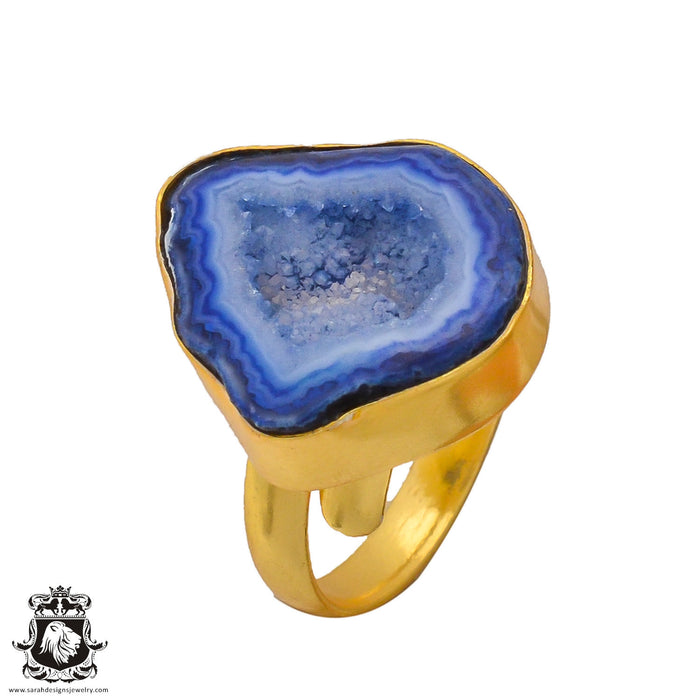 Size 8.5 - Size 10 Adjustable Ocean Agate Geode 24K Gold Plated Ring GPR285