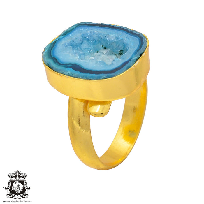 Size 8.50 - Size 10 Ring Ocean Agate Geode 24K Gold Plated Ring GPR292