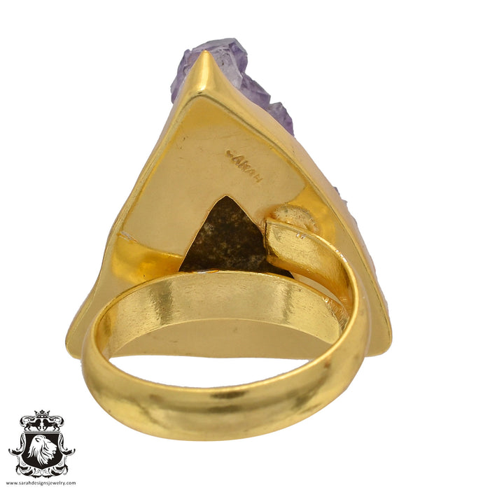 Size 8.5 - Size 10 Adjustable Amethyst Druzy 24K Gold Plated Ring GPR524
