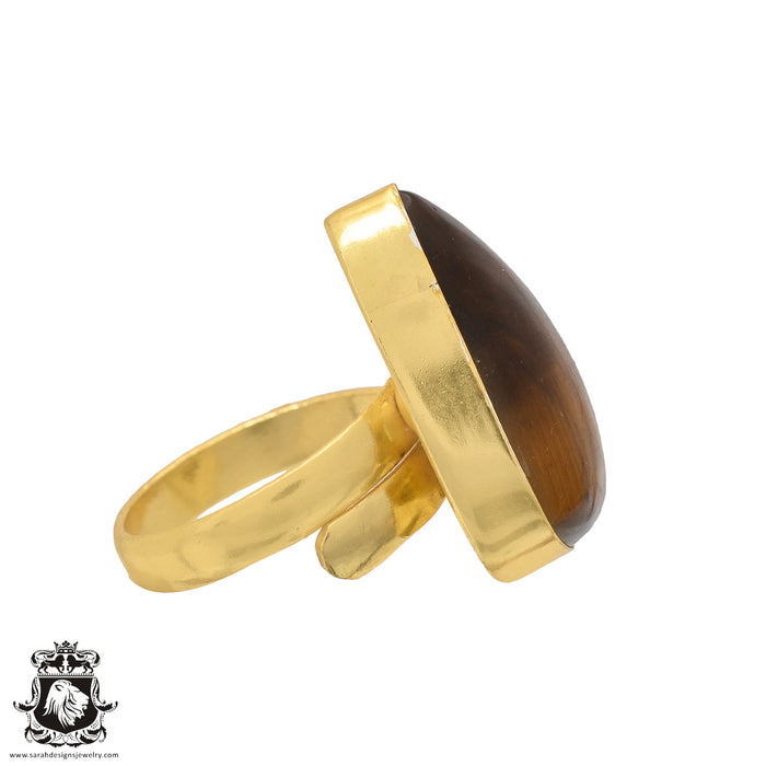 Size 8.5 - Size 10 Adjustable Tiger's Eye 24K Gold Plated Ring GPR545