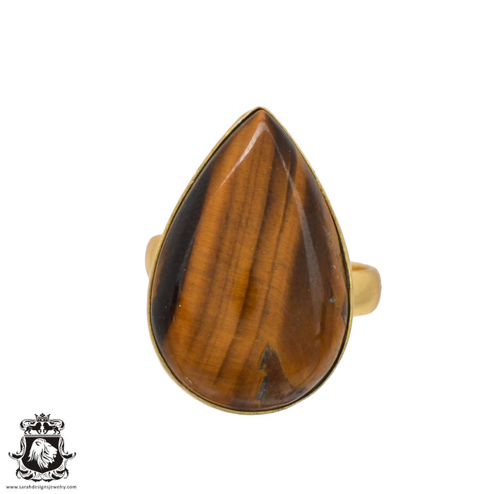 Size 8.5 - Size 10 Adjustable Tiger's Eye 24K Gold Plated Ring GPR549