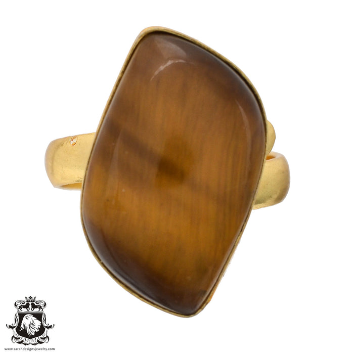 Size 8.5 - Size 10 Adjustable Tiger's Eye 24K Gold Plated Ring GPR562