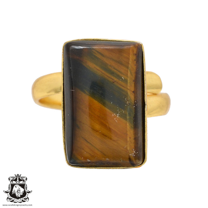 Size 10.5 - Size 12 Ring Tiger's Eye 24K Gold Plated Ring GPR578