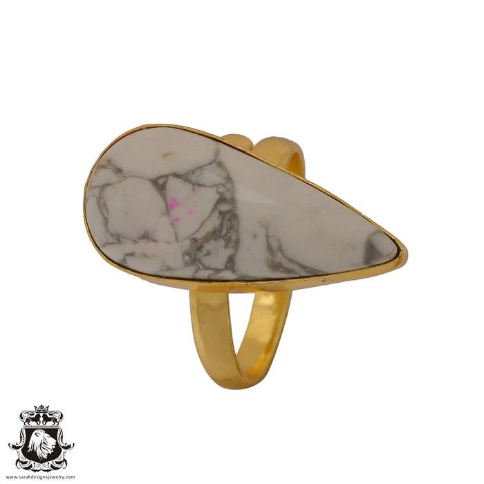 Size 10.5 - Size 12 Ring Howlite White Buffalo Turquoise 24K Gold Plated Ring GPR644