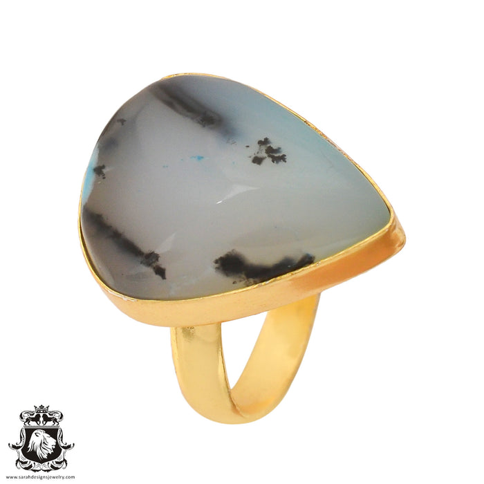 Size 9.5 - Size 11 Ring Blue Dendritic Opal Merlinite 24K Gold Plated Ring GPR751