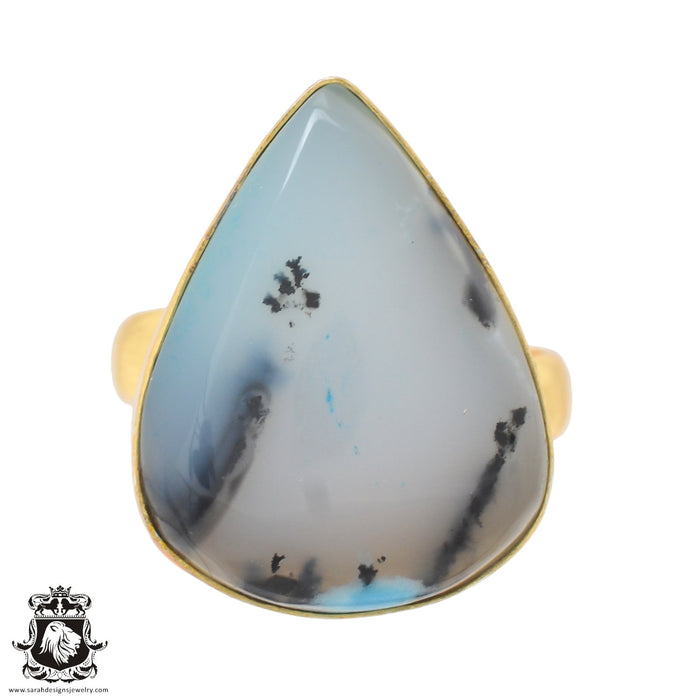 Size 9.5 - Size 11 Ring Blue Dendritic Opal Merlinite 24K Gold Plated Ring GPR751