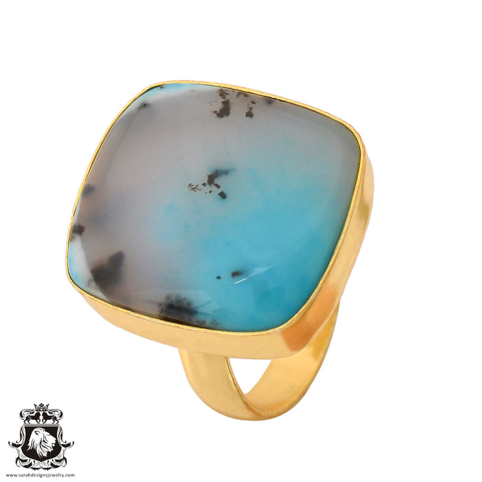 Size 7.5 - Size 9 Ring Blue Dendritic Opal Merlinite 24K Gold Plated Ring GPR752