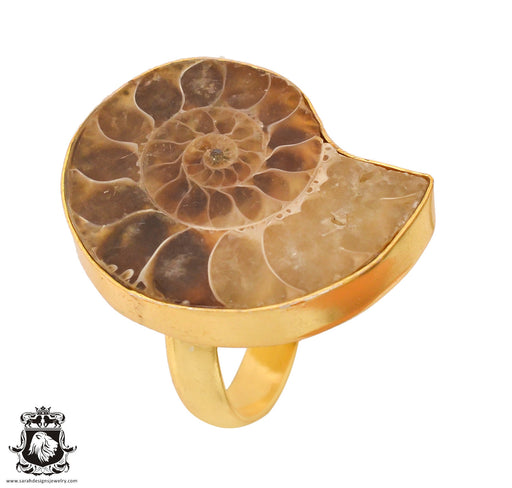 Size 8.5 - Size 10 Ring Ammonite 24K Gold Plated Ring GPR772