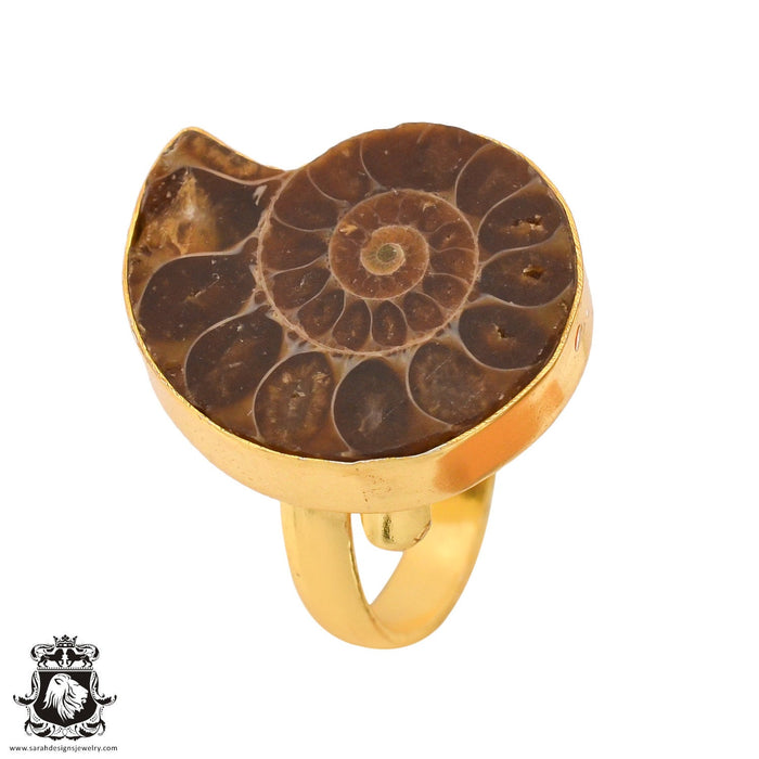 Size 9.5 - Size 11 Adjustable Ammonite 24K Gold Plated Ring GPR775