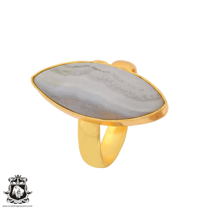 Size 7.5 - Size 9 Adjustable Blue Lace Agate 24K Gold Plated Ring GPR931