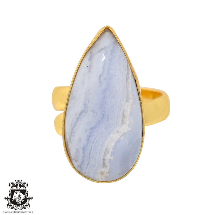 Size 7.5 - Size 9 Adjustable Blue Lace Agate 24K Gold Plated Ring GPR932