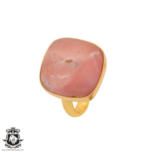 Size 9.5 - Size 11 Adjustable Peruvian Pink Opal 24K Gold Plated Ring GPR992