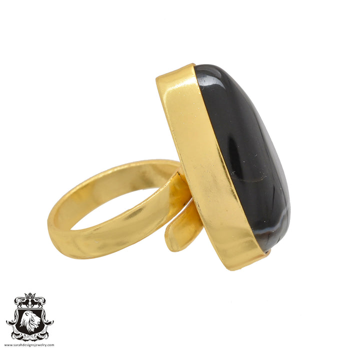 Size 6.5 - Size 8 Adjustable Banded Agate 24K Gold Plated Ring GPR1048