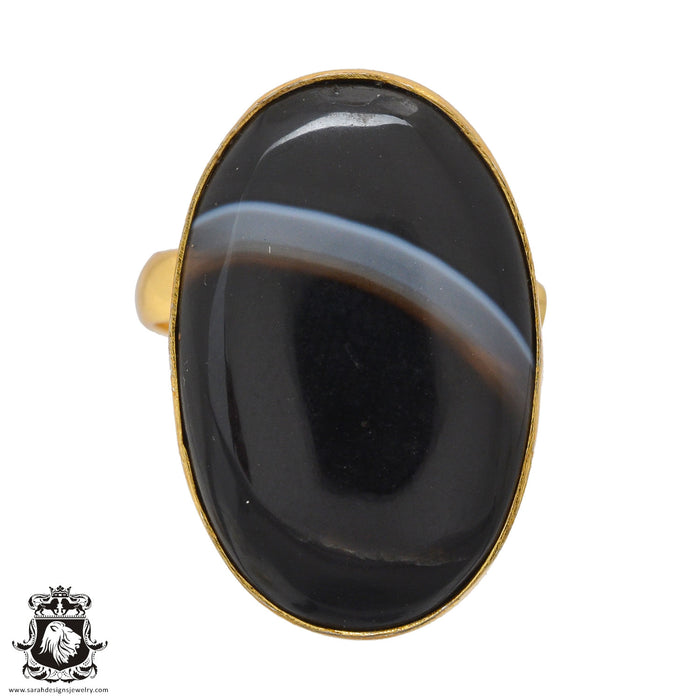 Size 9.5 - Size 11 Ring Banded Agate 24K Gold Plated Ring GPR1050