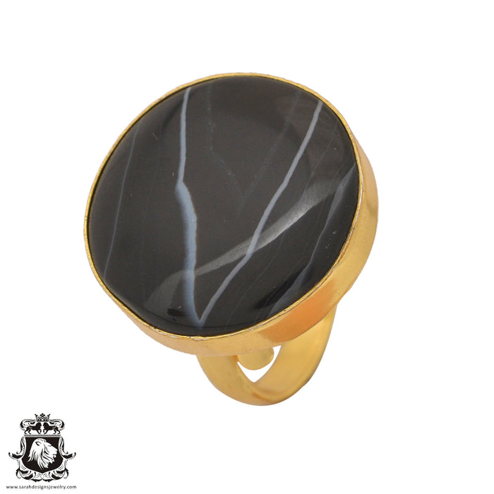 Size 10.5 - Size 12 Adjustable Banded Agate 24K Gold Plated Ring GPR1053