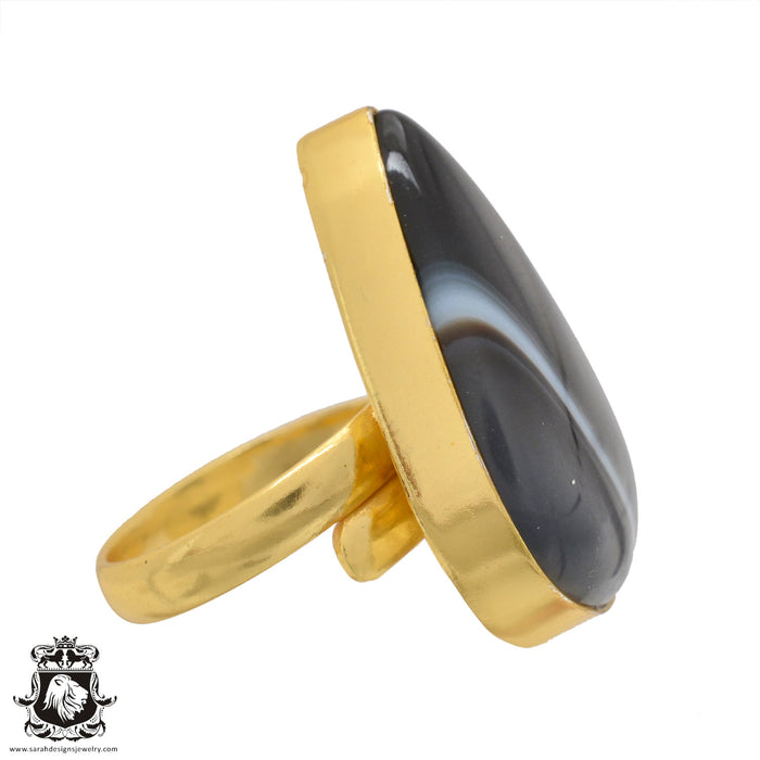 Size 8.5 - Size 10 Ring Banded Agate 24K Gold Plated Ring GPR1054