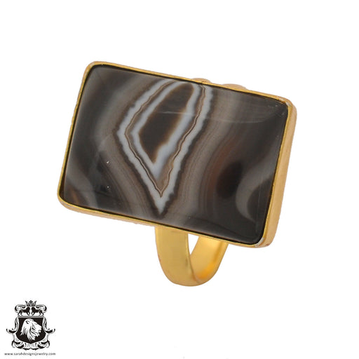 Size 10.5 - Size 12 Ring Banded Agate 24K Gold Plated Ring GPR1067