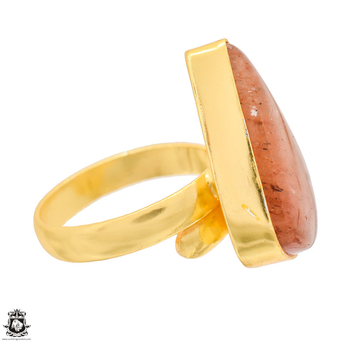 Size 9.5 - Size 11 Adjustable Sunstone 24K Gold Plated Ring GPR1311