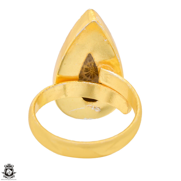 Size 9.5 - Size 11 Ring Fossilized Bali Coral 24K Gold Plated Ring GPR1335