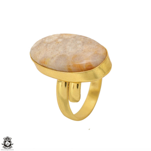 Size 10.5 - Size 12 Ring Fossilized Bali Coral 24K Gold Plated Ring GPR1599