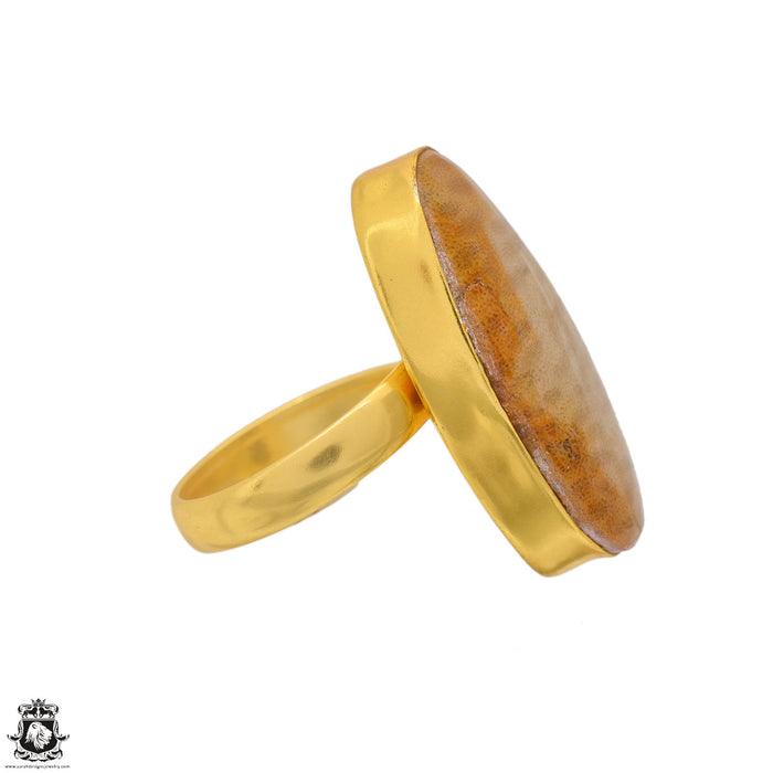 Size 6.5 - Size 8 Ring Fossilized Coral 24K Gold Plated Ring GPR1620