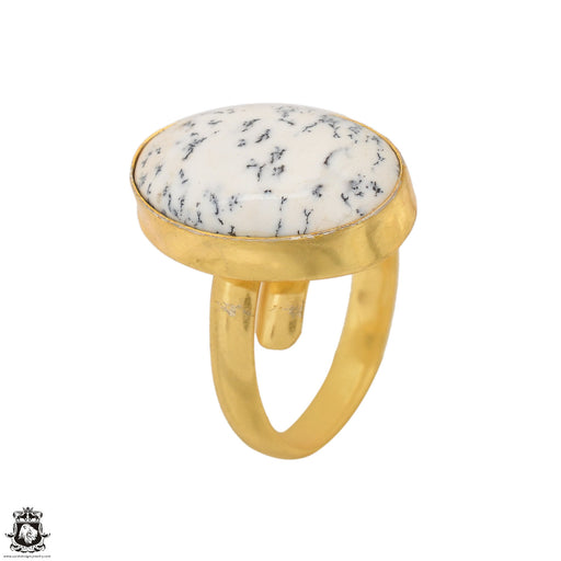Size 9.5 - Size 11 Ring Dendritic Agate 24K Gold Plated Ring GPR1629