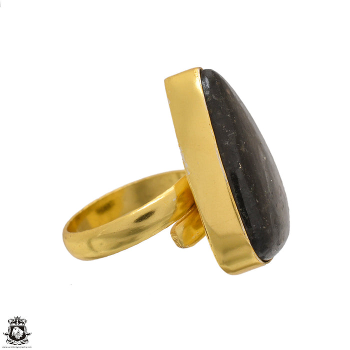 Size 8.5 - Size 10 Adjustable Black Sapphire Obsidian 24K Gold Plated Ring GPR1638