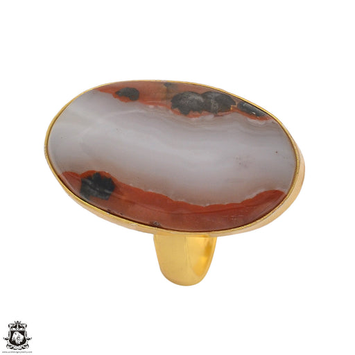 Size 9.5 - Size 11 Adjustable Laguna Lace Agate 24K Gold Plated Ring GPR1351