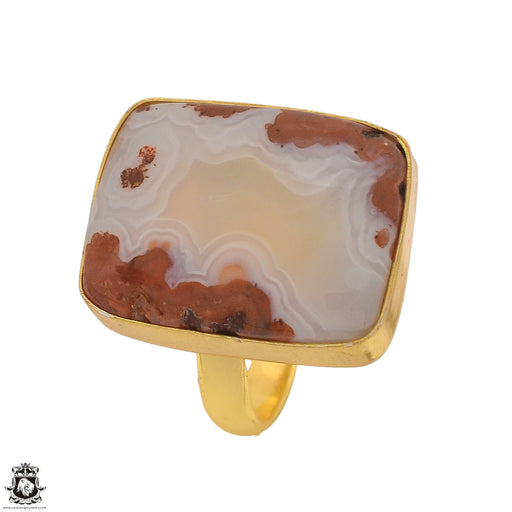 Size 9.5 - Size 11 Adjustable Laguna Lace Agate 24K Gold Plated Ring GPR1357