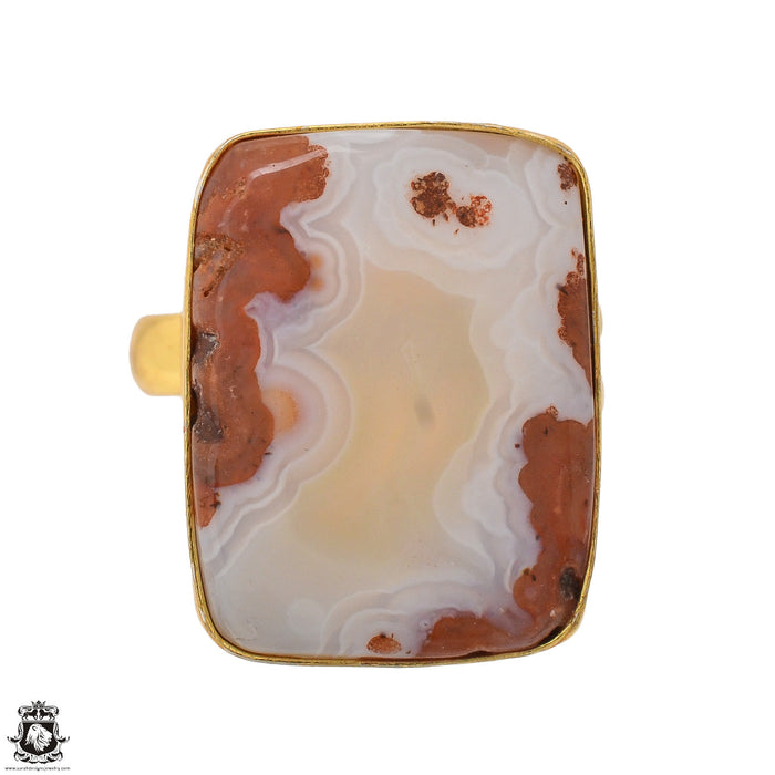 Size 9.5 - Size 11 Ring Laguna Lace Agate 24K Gold Plated Ring GPR1357