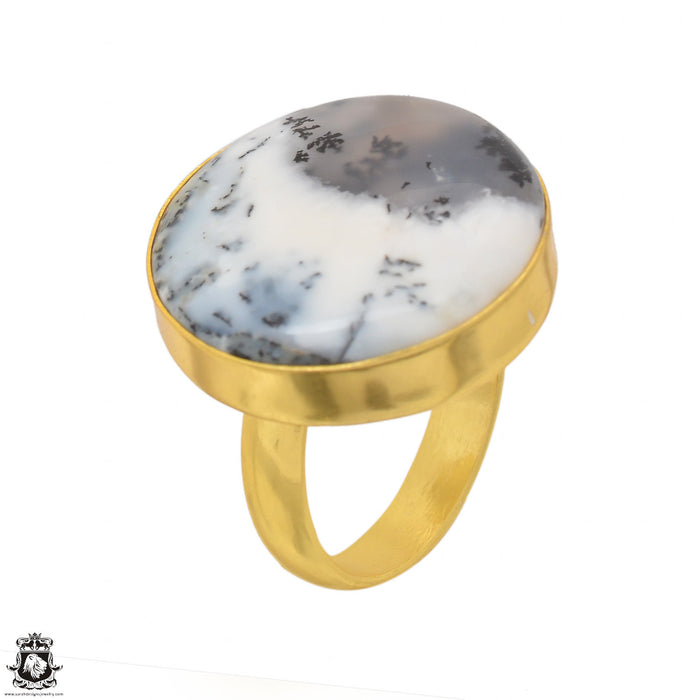 Size 8.5 - Size 10 Ring Dendritic Opal Merlinite 24K Gold Plated Ring GPR1483
