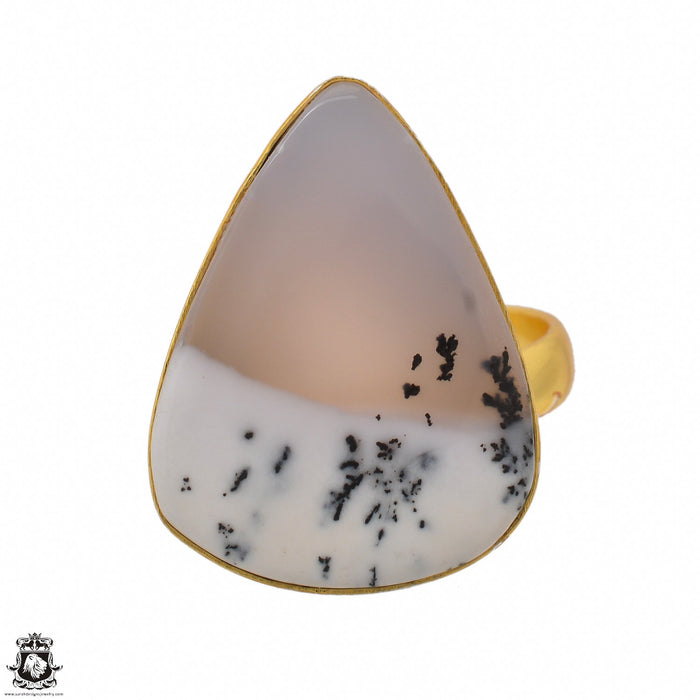 Size 9.5 - Size 11 Adjustable Dendritic Opal Merlinite 24K Gold Plated Ring GPR1484