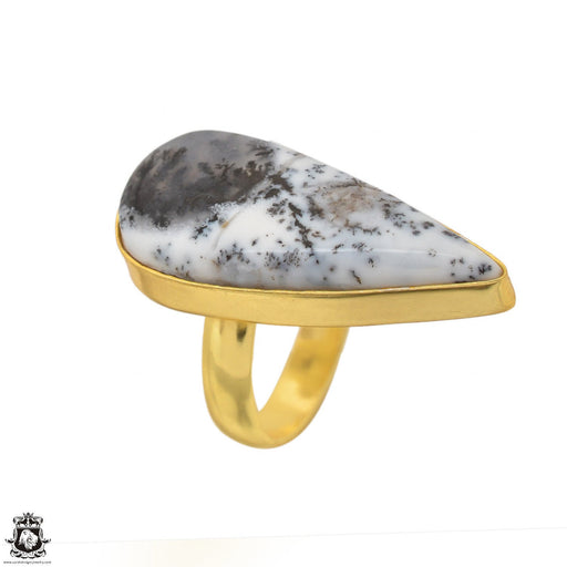 Size 6.5 - Size 8 Adjustable Dendritic Opal Merlinite 24K Gold Plated Ring GPR1495