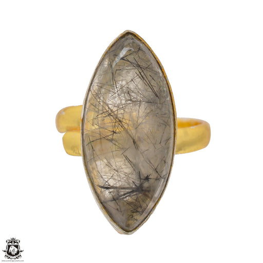 Size 9.5 - Size 11 Adjustable Tourmalated Quartz 24K Gold Plated Ring GPR1509