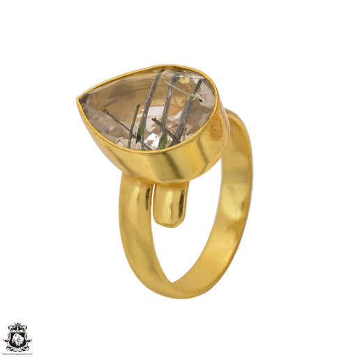 Size 9.5 - Size 11 Ring Tourmalated Quartz 24K Gold Plated Ring GPR1555
