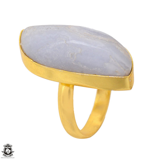 Size 9.5 - Size 11 Adjustable Blue Lace Agate 24K Gold Plated Ring GPR1699