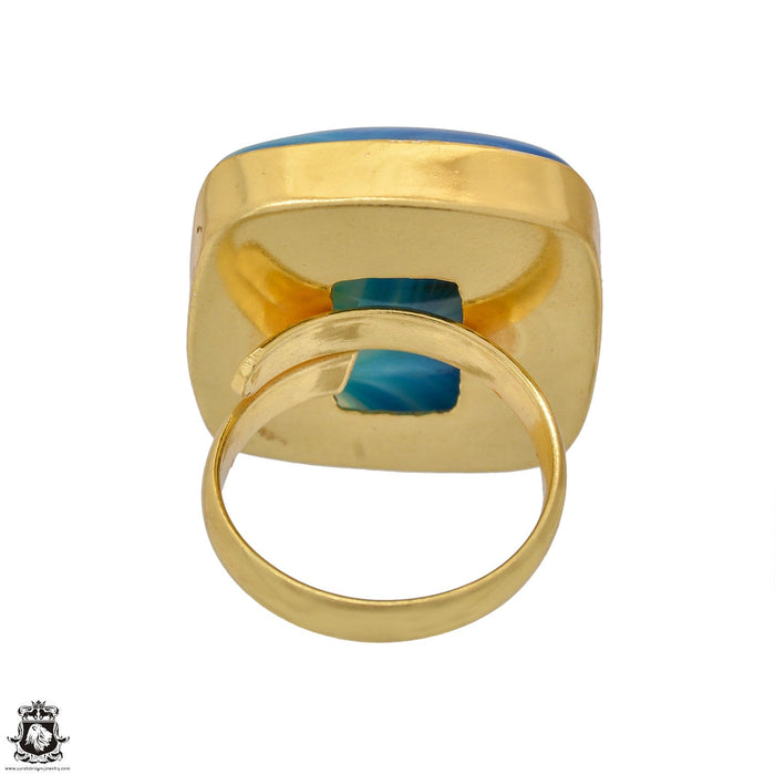 Size 7.5 - Size 9 Ring Blue Banded Agate 24K Gold Plated Ring GPR1167