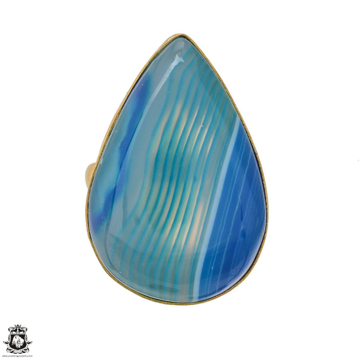 Size 9.5 - Size 11 Ring Blue Banded Agate 24K Gold Plated Ring GPR1168