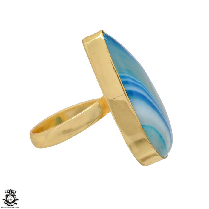 Size 9.5 - Size 11 Ring Blue Banded Agate 24K Gold Plated Ring GPR1172