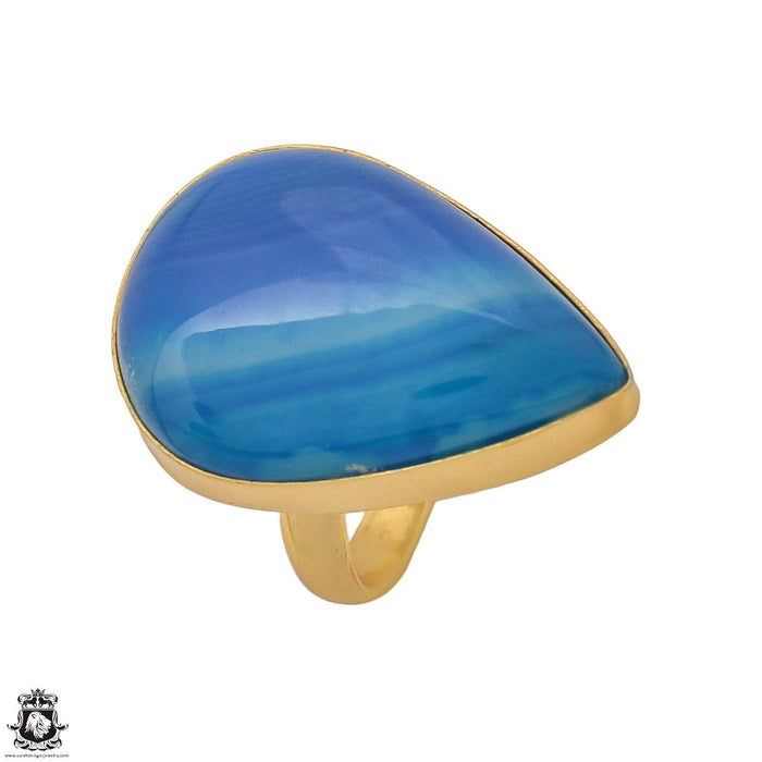 Size 7.5 - Size 9 Ring Blue Banded Agate 24K Gold Plated Ring GPR1175