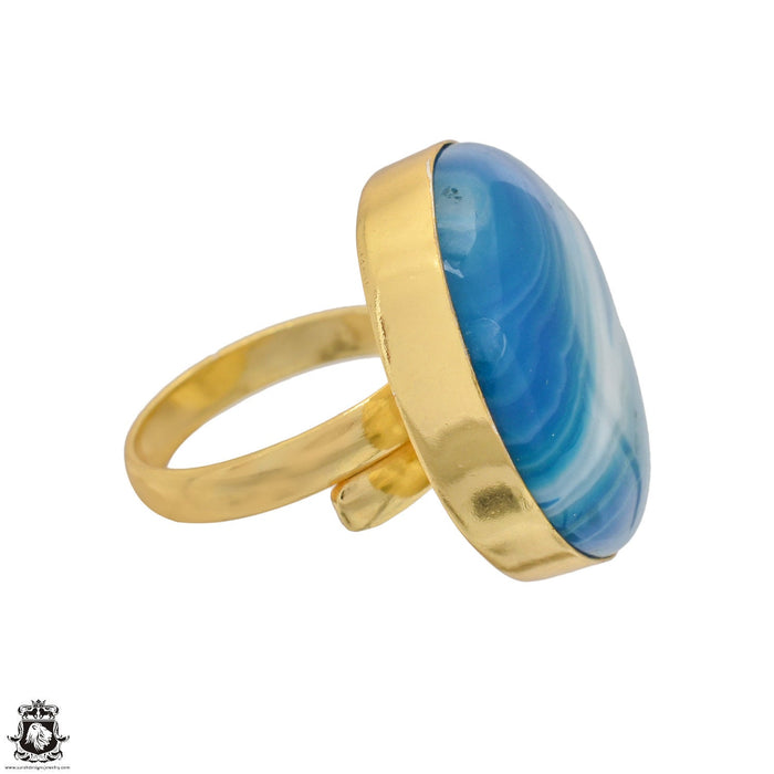 Size 8.5 - Size 10 Ring Blue Banded Agate 24K Gold Plated Ring GPR1178