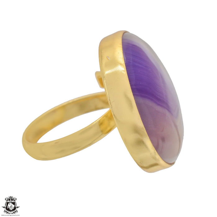 Size 10.5 - Size 12 Ring Purple Banded Agate 24K Gold Plated Ring GPR1179