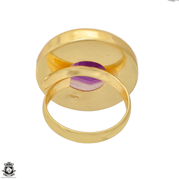 Size 10.5 - Size 12 Ring Purple Banded Agate 24K Gold Plated Ring GPR1179