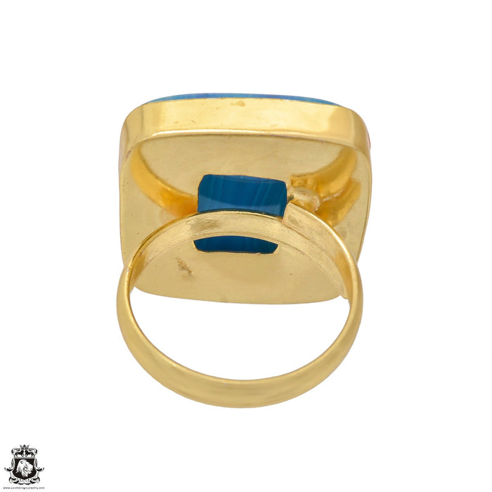 Size 10.5 - Size 12 Ring Blue Banded Agate 24K Gold Plated Ring GPR1182